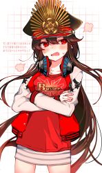 Rule 34 | 1girl, black hair, blush, breasts, buster shirt, crest, crossed arms, family crest, fate/grand order, fate (series), hat, headphones, headphones around neck, highres, jacket, letterman jacket, long hair, military hat, oda nobunaga (fate), oda nobunaga (swimsuit berserker) (fate), oda nobunaga (swimsuit berserker) (first ascension) (fate), oda uri, open clothes, open jacket, open mouth, peaked cap, red eyes, red shirt, shirt, skirt, small breasts, solo, striped clothes, striped skirt, swimsuit, very long hair, yui (tamagohan)