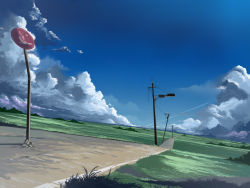 Rule 34 | blue sky, cloud, cloudy sky, commentary request, contrail, dark clouds, derivative work, fantasy, grass, highres, mountainous horizon, nature, no humans, pajaman, perspective, road, road sign, scenery, shadow, sign, sky, summer, sunlight, traffic light, utility pole