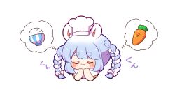 Rule 34 | 0725akaba, 1girl, animal ear fluff, animal ears, blue hair, blush, bowl, braid, carrot, chef hat, closed eyes, closed mouth, don-chan (usada pekora), facing viewer, hands up, hat, highres, hololive, multicolored hair, rabbit ears, rice, rice bowl, short eyebrows, simple background, solo, spoken food, thick eyebrows, translation request, twin braids, twintails, two-tone hair, usada pekora, usada pekora (1st costume), virtual youtuber, white background, white hair, white hat