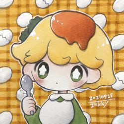 Rule 34 | 1boy, blush, cracked egg, dated, dress, egg, food, green dress, green eyes, hand up, highres, holding, holding spoon, long sleeves, no nose, omelet, original, outline, personification, signature, solo, spoon, upper body, white outline, zukky000