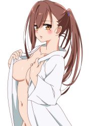 Rule 34 | 1girl, absurdres, bad id, bad pixiv id, blush, breasts, brown eyes, brown hair, gakkou gurashi!, highres, large breasts, long hair, looking at viewer, mole, mole under eye, navel, open clothes, open mouth, open shirt, ponytail, shirt, simple background, sinakyo, sketch, solo, wakasa yuuri, white background, white shirt, yellow eyes