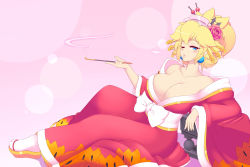 Rule 34 | 1girl, alternate costume, alternate hairstyle, arrow (symbol), bare shoulders, blonde hair, blowing smoke, blue eyes, blush, bow, breasts, circle, collarbone, comb, crankyconstruct, earrings, elbow rest, eyelashes, fire flower, floral print, flower, full body, gold trim, hair flower, hair ornament, half-closed eye, hand up, highres, holding, holding smoking pipe, japanese clothes, jewelry, kanzashi, kimono, kiseru, knee up, large breasts, leaning back, lips, long sleeves, looking at viewer, mario (series), nintendo, obi, oiran, okobo, one eye closed, parted lips, pink background, pink flower, platform footwear, princess peach, print kimono, red kimono, sandals, sash, short hair, sitting, smoke, smoking, smoking pipe, solo, super mushroom, tabi, white legwear, white sash, wide sleeves