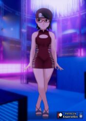 Rule 34 | 1girl, arms at sides, artist logo, artist name, bare legs, bare shoulders, black footwear, black hair, boruto: naruto next generations, cleavage cutout, closed mouth, clothing cutout, dress, espiralsix, female focus, flat chest, forehead protector, full body, glasses, headband, highres, konohagakure symbol, looking to the side, naruto (series), paid reward available, patreon logo, patreon username, red-framed eyewear, red dress, red headband, sandals, short dress, short hair, side slit, sleeveless, sleeveless dress, smile, solo, standing, thighs, toes, uchiha sarada