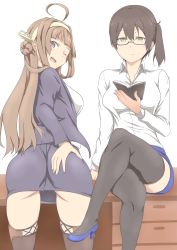 Rule 34 | 10s, 2girls, ahoge, alternate costume, alternate eye color, arm support, ass, ass grab, bespectacled, black jacket, black skirt, blouse, blue skirt, book, breasts, brown hair, brown legwear, crossed legs, desk, expressionless, from behind, glasses, grabbing own ass, hand on own ass, highres, holding, holding book, jacket, jitome, kaga (kancolle), kantai collection, kongou (kancolle), long sleeves, looking at viewer, medium breasts, miniskirt, multiple girls, nobcoffee, office lady, on desk, one eye closed, open mouth, pencil skirt, purple eyes, shirt, short ponytail, side ponytail, sitting, on desk, skirt, thighhighs, thighs, unbuttoned, white shirt, yellow eyes, zettai ryouiki