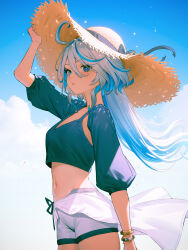 Rule 34 | 1girl, 95---, alternate costume, blue eyes, blue hair, blue sleeves, bracelet, cloud, commentary, crop top, detached sleeves, drop-shaped pupils, english commentary, floating hair, furina (genshin impact), genshin impact, hand on headwear, hat, heterochromia, highres, jewelry, light blue hair, long hair, looking at viewer, looking to the side, midriff, mismatched pupils, multicolored hair, navel, outdoors, parted lips, ponytail, sarong, short shorts, shorts, sky, solo, straw hat, sun hat, symbol-shaped pupils, white hair, white sarong, white shorts