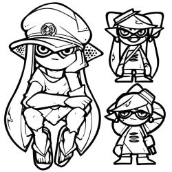 3girls :/ :d :| agent_3_(splatoon) bow-shaped_hair callie_(splatoon) closed_mouth cross-shaped_pupils fangs hat headgear holding holding_umbrella inkling inkling_girl inkling_player_character lineart long_hair marie_(splatoon) monochrome multiple_girls name_omoitukan2 nintendo oil-paper_umbrella open_mouth peaked_cap pointy_ears sandals short_hair simple_background smile splatoon_(series) splatoon_3 symbol-shaped_pupils tentacle_hair thick_lineart umbrella white_background