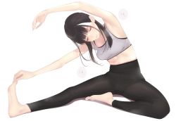 Rule 34 | 1girl, ama mitsuki, armpits, barefoot, black hair, black leggings, closed eyes, closed mouth, commentary request, feet, full body, high-waist pants, highres, leggings, original, pants, pantylines, simple background, solo, sports bra, sportswear, stretching, white background