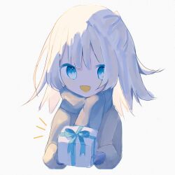 Rule 34 | 1girl, :d, black mittens, blue eyes, box, chihono 0, cropped torso, gift, gift box, grey hair, grey jacket, grey scarf, hair between eyes, highres, holding, holding gift, jacket, long hair, long sleeves, looking at viewer, mittens, one side up, open mouth, original, scarf, sidelocks, simple background, smile, solo, white background
