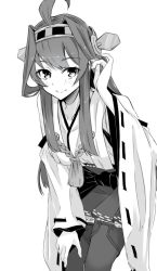 Rule 34 | 1girl, ahoge, alakoala, blouse, blush, boots, breasts, detached sleeves, double bun, greyscale, hair between eyes, hair bun, hairband, headgear, japanese clothes, kantai collection, kongou (kancolle), long hair, looking at viewer, monochrome, ribbon-trimmed sleeves, ribbon trim, sash, shirt, simple background, skirt, solo, thigh boots, thighhighs, white shirt