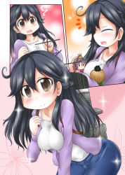 Rule 34 | 10s, 1girl, :d, ^^^, adapted costume, ahoge, akebono (kancolle), alternate costume, bell, black hair, blush, breasts, brown eyes, character doll, commentary request, closed eyes, flower, hair bell, hair between eyes, hair flower, hair ornament, hina ningyou, hinamatsuri, jingle bell, kantai collection, large breasts, leaning forward, long hair, long sleeves, oboro (kancolle), open mouth, ouno (nounai disintegration), shirt, smile, smokestack, solo, ushio (kancolle), white shirt