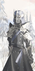 Rule 34 | 1other, absurdres, ambiguous gender, armor, breastplate, chihuri, cloud, cloudy sky, commentary request, final fantasy, final fantasy xiv, fray myste, full armor, gauntlets, helm, helmet, highres, looking at viewer, other focus, outdoors, sky, snow, solo, tree, yellow eyes