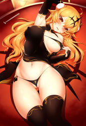 Rule 34 | 10s, 1girl, ahoge, arm up, armpits, black bra, black dress, black gloves, black panties, black rock shooter, black thighhighs, blonde hair, blush, bra, breasts, bun cover, chair, chariot (black rock shooter), china dress, chinese clothes, chopstick rest, chopsticks, cleft of venus, clothes lift, covered erect nipples, crossover, double bun, dress, dress lift, elbow gloves, embarrassed, eyelashes, fingerless gloves, floor, gloves, gluteal fold, hair bun, headgear, highres, large breasts, long hair, looking at viewer, lying, m-da s-tarou, micro bra, navel, on back, on table, open clothes, open dress, panties, parody, pulled by self, red eyes, short dress, sleeveless, sleeveless dress, solo, stomach, strap gap, sweat, table, thigh gap, thighhighs, unbuttoned, underboob, underwear, wedgie