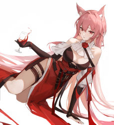 Rule 34 | 1girl, absurdres, alcohol, animal ear fluff, animal ears, arknights, arm support, bare shoulders, belt, belt buckle, bikini, bikini top only, black bikini, black gloves, breasts, buckle, cleavage, commentary request, cup, drinking glass, elbow gloves, feet out of frame, flower, gloves, high-waist skirt, highres, holding, holding cup, kneeling, large breasts, long hair, nuanpapa, parted lips, pelvic curtain, pink hair, pozyomka (arknights), red eyes, red flower, red rose, red skirt, rose, simple background, skirt, smile, solo, swimsuit, thigh strap, very long hair, white background, wine, wine glass, wolf ears