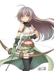 Rule 34 | 1girl, ahoge, arrow (projectile), bare shoulders, belt, black thighhighs, blush, bow (weapon), breasts, brown eyes, brown hair, cleavage, elbow gloves, gloves, long hair, looking at viewer, medium breasts, navel, obui, sennen sensou aigis, simple background, skirt, smile, solo, soma (sennen sensou aigis), strapless, thighhighs, tube top, weapon, yellow eyes