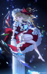 Rule 34 | 1girl, absurdres, arm support, ascot, barefoot, blonde hair, blue flower, bow, chinese commentary, closed mouth, collared shirt, column, commentary request, crystal, expressionless, flandre scarlet, floating hair, flower, frilled shirt collar, frilled skirt, frills, from side, full body, hair bow, hat, highres, holding, holding flower, long hair, looking afar, looking to the side, mob cap, one side up, pillar, puffy short sleeves, puffy sleeves, red bow, red eyes, red skirt, red vest, ruoye, shirt, short sleeves, sitting, skirt, solo, touhou, vest, weibo logo, weibo watermark, white hat, white shirt, wings, wrist cuffs, yellow ascot