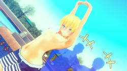 Rule 34 | 1girl, 3d, arms up, artist request, blonde hair, blue eyes, blue male swimwear, blue sky, blue swim trunks, blurry, blurry background, blush, breasts, character request, closed mouth, cloud, custom maid 3d 2, day, exhibitionism, female focus, highres, looking at viewer, male swimwear, male swimwear challenge, multicolored male swimwear, multicolored swim trunks, nipples, original, outdoors, pool, print male swimwear, print swim trunks, public indecency, short hair, sky, small breasts, solo, standing, striped, striped male swimwear, striped swim trunks, swim trunks, swimsuit, tagme, topless, water, white male swimwear, white swim trunks