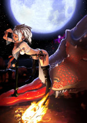 Rule 34 | 1girl, bent over, buckle, dragon, fire, full moon, highres, moon, night, original, see-through, solo, sword, thighhighs, tororoto, weapon, white hair
