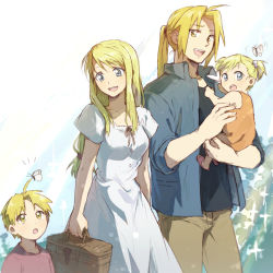 Rule 34 | 2boys, 2girls, age difference, ahoge, blonde hair, blue eyes, bug, butterfly, carrying, child, child carry, couple, dress, edward elric, family, father and daughter, father and son, fullmetal alchemist, hetero, insect, long hair, mother and daughter, mother and son, multiple boys, multiple girls, open mouth, ponytail, riru, short hair, smile, spoilers, winry rockbell, yellow eyes