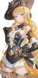 Rule 34 | 1girl, absurdres, bare shoulders, black gloves, black headwear, blonde hair, blue eyes, breasts, cleavage, commentary, cowboy shot, dress, genshin impact, gloves, hand on own chest, hand on own hip, highres, long hair, looking at viewer, navia (genshin impact), simple background, smile, solo, standing, strapless, strapless dress, thighs, very long hair, white background, yonesdraws