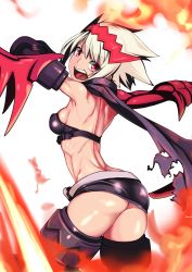 Rule 34 | 1girl, ass, bare shoulders, breasts, dragon: marked for death, empress (dmfd), fire, hair ornament, highres, looking back, medium breasts, microskirt, midriff, miniskirt, open mouth, red eyes, scarf, short hair, skirt, solo, spiked hair, strapless, thighhighs, tube top, wantsupanchi!!, white background, white hair