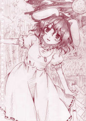 Rule 34 | 1girl, animal ears, bamboo, carrot, carrot necklace, colored pencil (medium), dress, inaba tewi, jewelry, monochrome, moon, myo-gateien, myouga teien, necklace, night, pendant, rabbit, rabbit ears, short hair, sketch, smile, solo, touhou, traditional media