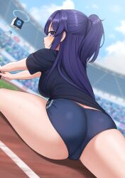 Rule 34 | 1girl, ass, black shirt, blue archive, blue buruma, blush, breasts, buruma, commentary, drone, english commentary, from behind, gym shirt, gym uniform, halo, highres, id card, jacket, kurisu-kun, lanyard, long hair, looking at viewer, looking back, medium breasts, official alternate costume, outdoors, parted lips, ponytail, purple eyes, purple hair, shirt, short sleeves, solo, stadium, star sticker, sticker, sticker on face, stretching, sweat, yuuka (blue archive), yuuka (track) (blue archive)