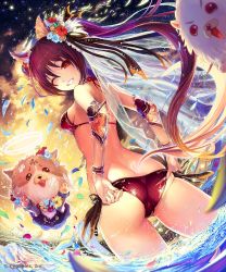 Rule 34 | 10s, 1girl, adjusting clothes, adjusting swimsuit, animal ears, armor, ass, bare shoulders, bikini, bracelet, breasts, butt crack, cerberus (shingeki no bahamut), dog ears, dog tail, fisheye, flower, from behind, grin, hair flower, hair ornament, halo, hibiscus, highres, jewelry, long hair, looking at viewer, looking back, o-ring, o-ring top, one eye closed, red armor, red bikini, red eyes, red hair, scan, shingeki no bahamut, shiny clothes, side-tie bikini bottom, sideboob, smile, solo, swimsuit, tachikawa mushimaro, tail, trefoil, twintails, veil, very long hair, wading, water