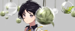 Rule 34 | 1girl, absurdres, black hair, blurry, collared shirt, container, depth of field, earrings, grey background, highres, jewelry, looking at viewer, original, parted lips, plant, purple eyes, ribbon, shirt, short hair, sleeveless, sogawa66, solo, upper body, vase, white shirt, yellow ribbon