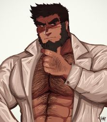 Rule 34 | 1boy, abs, arm hair, bara, beard, black hair, chest hair, collared shirt, commission, facial hair, hairy, highres, large pectorals, male focus, mature male, mick (baradetectives), muscular, muscular male, navel hair, nipples, open clothes, open shirt, original, pectoral cleavage, pectorals, ruslorc, scar, scar on face, scar on nose, shirt, short hair, solo, stomach, stroking beard, thick eyebrows, upper body