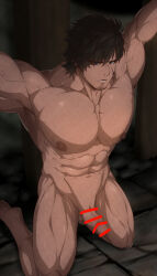 Rule 34 | 1boy, abs, absurdres, bar censor, bara, black hair, blue eyes, censored, clive rosfield, completely nude, erection, facial hair, facial mark, final fantasy, final fantasy xvi, highres, kneeling, kuroshinki, large pectorals, male focus, muscular, muscular male, navel, nipples, nude, pectorals, penis, short hair, solo, thick thighs, thighs