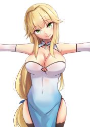 Rule 34 | 1girl, aurora (azur lane), aurora (the tale of spring) (azur lane), azur lane, bare shoulders, black panties, blonde hair, breasts, china dress, chinese clothes, cleavage, covered navel, cowboy shot, dress, green eyes, hair flaps, head tilt, highres, large breasts, long hair, looking at viewer, low-tied long hair, mistynight, no bra, outstretched arms, panties, panty straps, pelvic curtain, pink lips, skindentation, smile, solo, spread arms, thighhighs, underwear, very long hair