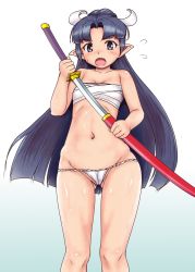 Rule 34 | 1girl, aqua background, black hair, blunt bangs, blush, breasts, disgaea, drawing sword, embarrassed, flying sweatdrops, fundoshi, gradient background, hair ornament, highres, holding, holding sword, holding weapon, japanese clothes, katana, long hair, looking at viewer, makai senki disgaea, navel, open mouth, orizen, pointy ears, ponytail, ronin (disgaea), sarashi, sheath, small breasts, solo, standing, sweatdrop, sword, underwear, unsheathing, weapon, wide ponytail