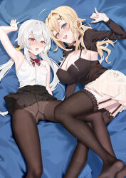 Rule 34 | 2girls, arm up, armpits, bed sheet, black choker, blonde hair, blue background, blue eyes, blush, bow, bowtie, braid, breasts, brown pantyhose, brown thighhighs, choker, cleavage, commentary request, fang qiao, feet, fine fabric emphasis, foot out of frame, grey hair, gusset, hair intakes, hair ornament, hairclip, highres, large breasts, legs, lying, miniskirt, multiple girls, no shoes, on back, on side, open mouth, original, panties, panties under pantyhose, pantyhose, pink eyes, red bow, red bowtie, shirt, shrug (clothing), skirt, sleeveless, sleeveless shirt, small breasts, soles, teeth, thighhighs, thighs, twintails, underwear, upper teeth only, white panties, white shirt, zipper