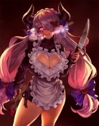 Rule 34 | 1girl, apron, batter, black sweater, blue eyes, blush, bow, braid, breasts, cleavage, cleavage cutout, clothing cutout, draph, eu03, french braid, frills, glowing, glowing eyes, granblue fantasy, hair bow, hair over one eye, heart cutout, heavy breathing, hip focus, horns, huge breasts, knife, light purple hair, long hair, looking at viewer, low tied hair, narmaya (granblue fantasy), narmaya (valentine) (granblue fantasy), open mouth, pointy ears, reflection, ribbed sweater, smile, solo, sweater, thighs, turtleneck, turtleneck sweater, twintails, vyrn (granblue fantasy), whisk, yandere