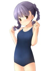Rule 34 | 1girl, bare arms, bare shoulders, blue one-piece swimsuit, blush, breasts, brown eyes, closed mouth, collarbone, commentary request, hands up, highres, holding, holding own hair, long hair, looking at viewer, low twintails, one-piece swimsuit, original, purple hair, school swimsuit, shibacha, simple background, small breasts, solo, swimsuit, twintails, white background