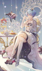 Rule 34 | 1girl, bare shoulders, blue hair, cake, chinese commentary, collarbone, commentary request, crossed legs, cup, dinergate (girls&#039; frontline), dress, emurina, food, full body, girls&#039; frontline, gloves, hair between eyes, hair ornament, hairband, high heels, highres, holding, holding cup, long dress, looking at viewer, official alternate costume, purple eyes, ribbon, short hair, sitting, sleeveless, sleeveless dress, smile, table, teacup, teapot, thighhighs, white dress, white gloves, white ribbon, white thighhighs, zas m21 (girls&#039; frontline), zas m21 (white queen) (girls&#039; frontline)