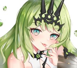 Rule 34 | 1girl, bare shoulders, close-up, closed mouth, crown, green eyes, green hair, hair between eyes, hand on own cheek, hand on own face, honkai (series), honkai impact 3rd, long hair, looking at viewer, mobius (honkai impact), portrait, simple background, smile, tongue, tongue out, water drop, white background, yuan zhen (user pnhx4422)