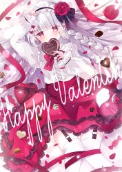 Rule 34 | 1girl, aoi yugina, box, braid, center frills, chocolate, commentary, dress shirt, earclip, english text, flower, food, frilled hairband, frills, from above, garter straps, gift, grey hair, hair flower, hair ornament, hairband, happy new year, heart-shaped box, highres, holding, holding food, lace, lace-trimmed skirt, lace trim, light particles, long hair, long sleeves, looking at viewer, lying, medium skirt, new year, on back, original, red eyes, red flower, red rose, red skirt, rose, shirt, skirt, solo, thighhighs, valentine, white shirt, white thighhighs