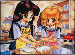 Rule 34 | 1990s (style), 2girls, apron, cooking, dragon half, lufa (dragon half), multiple girls, retro artstyle