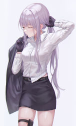 Rule 34 | 1girl, absurdres, adjusting hair, arm up, black gloves, braid, breasts, closed eyes, closed mouth, collared shirt, commentary request, cowboy shot, danganronpa (series), danganronpa 3 (anime), dress shirt, gloves, grey background, hair ribbon, highres, holster, jacket, kirigiri kyoko, long hair, long sleeves, miniskirt, necktie, official alternate hairstyle, pencil skirt, pleated skirt, ribbon, shiny skin, shirt, shirt partially tucked in, side braid, sidelocks, simple background, single braid, skirt, solo, standing, thigh holster, tokkyu, white background, white shirt