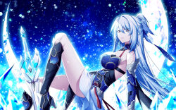 Rule 34 | 1girl, bare shoulders, black footwear, blue sleeves, boots, commentary request, crescent moon, crystal sword, detached sleeves, high heel boots, high heels, high ponytail, highres, honkai: star rail, honkai (series), ice shard, jingliu (honkai: star rail), long hair, looking at viewer, lying, moon, on back, open mouth, red eyes, red tassel, sakura tsubame, skirt, solo, sword, thighs, weapon, white hair, white skirt