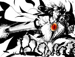 Rule 34 | 1girl, absurdres, arm cannon, bird wings, black hair, black wings, bow, breasts, cape, greyscale, hair between eyes, hair bow, highres, long hair, looking at viewer, monochrome, one-hour drawing challenge, open mouth, radiation symbol, radiation symbol-shaped pupils, reiuji utsuho, simple background, skirt, solo, symbol-shaped pupils, third eye, touhou, uokin2, weapon, white background, white cape, wings