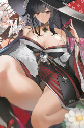Rule 34 | 3girls, absurdres, artist name, azur lane, black hair, black headwear, blue eyes, breasts, closed eyes, cross, cup, flower, hair between eyes, hair flower, hair ornament, hair ribbon, highres, holding, holding cup, japanese clothes, large breasts, long bangs, long hair, looking at viewer, multiple girls, nike (nike1060), official alternate costume, open mouth, peter strasser (azur lane), peter strasser (chronos&#039;s kalendae) (azur lane), pouring, pouring onto self, prinz heinrich (azur lane), prinz heinrich (fireworks and tapestries) (azur lane), purple eyes, ribbon, sakazuki, silver hair, simple background, smile, tagme, thighs, very long hair, z28 (azur lane)