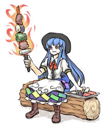 Rule 34 | 1girl, bell pepper, black hat, blue hair, boots, bow, brown footwear, center frills, eating, eggplant, fire, food, food in mouth, frills, hair between eyes, hat, highres, hinanawi tenshi, long hair, meat, pepper, peroponesosu., plate, radish, rainbow order, red bow, red eyes, red neckwear, short sleeves, simple background, solo, sword of hisou, touhou, white background