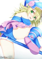 Rule 34 | 1girl, ass, bare shoulders, blonde hair, blue footwear, blue leotard, boots, cameltoe, dark magician girl, est star, from behind, green eyes, hat, legs, leotard, long hair, looking back, open mouth, panties, pink skirt, shoe soles, simple background, skirt, solo, teeth, thighs, tongue, underwear, upper teeth only, upskirt, view between legs, wand, white background, wizard hat, yu-gi-oh!, yu-gi-oh! duel monsters