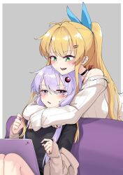 Rule 34 | 2girls, arms around neck, bare shoulders, blonde hair, blue bow, bow, cevio, couch, green eyes, hair bow, highres, hug, hug from behind, knees up, long sleeves, looking at another, looking back, multiple girls, on couch, open mouth, playing with another&#039;s hair, ponytail, purple eyes, purple hair, sitting, sweatdrop, tablet pc, tsurumaki maki, vocaloid, voiceroid, yuzuki yukari, zooanime