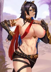 Rule 34 | abs, absurdres, arm armor, armlet, asymmetrical clothes, blue eyes, blue sky, breasts, cloud, colored tips, covered erect nipples, cowboy shot, criss-cross halter, dark-skinned female, dark skin, dehya (genshin impact), gem, genshin impact, gold choker, hair ears, halterneck, highres, large breasts, loooyd, multicolored hair, muscular, muscular female, nail polish, navel, outdoors, pants, red gemstone, red nails, sky, streaked hair, torn clothes, torn pants