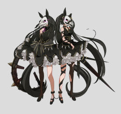 Rule 34 | 2girls, absurdly long hair, absurdres, amano haruka (sakogamitokuan), animal ears, animal skull, ankle cuffs, black hair, breasts, chain, collar, dark souls (series), dark souls ii, dress, executioner&#039;s chariot, eye trail, glowing, glowing eyes, hand on own chest, high heels, highres, horse ears, horse girl, light trail, long hair, long sleeves, mask, multiple girls, personification, purple eyes, red eyes, simple background, single leg pantyhose, skull mask, sleeveless, sleeveless dress, torn clothes, torn legwear, twintails, very long hair