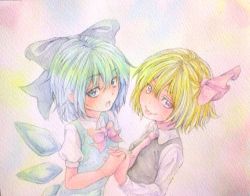 Rule 34 | 2girls, :o, :p, acrylic paint (medium), blonde hair, blue eyes, blue hair, bow, cirno, dress, graphite (medium), hair bow, hair ribbon, holding hands, head tilt, highres, ice, ice wings, interlocked fingers, long sleeves, looking at viewer, multiple girls, necktie, painting (medium), puffy short sleeves, puffy sleeves, red eyes, ribbon, rumia, short hair, short sleeves, skirt, skirt set, tongue, tongue out, touhou, traditional media, upper body, watercolor (medium), wings, yuyu (00365676)