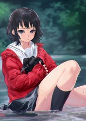 1girl animal bird black_hair black_socks blue_eyes blurry blurry_background chromatic_aberration crow deca_purio forest highres holding holding_animal holding_bird jacket looking_at_viewer nature original outdoors red_jacket school_uniform short_hair sitting skirt socks solo water water_drop wet wet_clothes wet_skirt